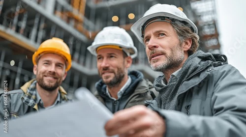 Three construction workers wearing hard hats are gathered together, examining the construction plans with focused expressions
