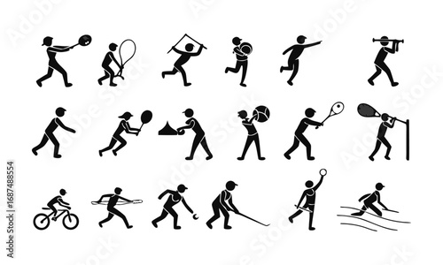 Sports Activity Stick Figure Icon Set – Vector Silhouette Pack of Running, Swimming, Cycling, Football, Basketball, Tennis, Archery, Boxing, Martial Arts, Yoga and More, easily editable and scalable.