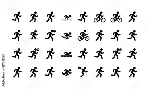 Sports Activity Stick Figure Icon Set – Vector Silhouette Pack of Running, Swimming, Cycling, Football, Basketball, Tennis, Archery, Boxing, Martial Arts, Yoga and More, easily editable and scalable.