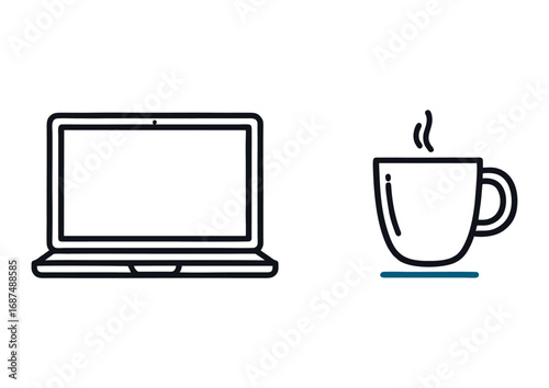 Conceptual illustration of a laptop and a steaming cup of coffee, symbolizing remote work and morning productivity, set against a clean white background