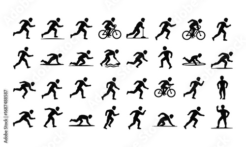 Sports Activity Stick Figure Icon Set – Vector Silhouette Pack of Running, Swimming, Cycling, Football, Basketball, Tennis, Archery, Boxing, Martial Arts, Yoga and More, easily editable and scalable.