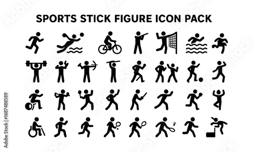 Sports Activity Stick Figure Icon Set – Vector Silhouette Pack of Running, Swimming, Cycling, Football, Basketball, Tennis, Archery, Boxing, Martial Arts, Yoga and More, easily editable and scalable.