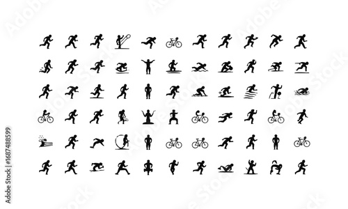Sports Activity Stick Figure Icon Set – Vector Silhouette Pack of Running, Swimming, Cycling, Football, Basketball, Tennis, Archery, Boxing, Martial Arts, Yoga and More, easily editable and scalable.