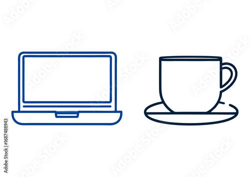 Modern workspace concept with laptop and coffee cup line art icons. Outline graphic design elements for freelance, business, or technology themes