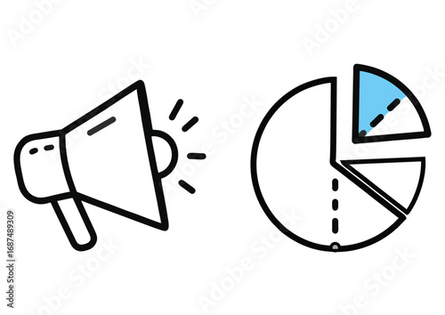 Marketing analytics and communication concept with megaphone and pie chart icons for data-driven business strategy and reporting