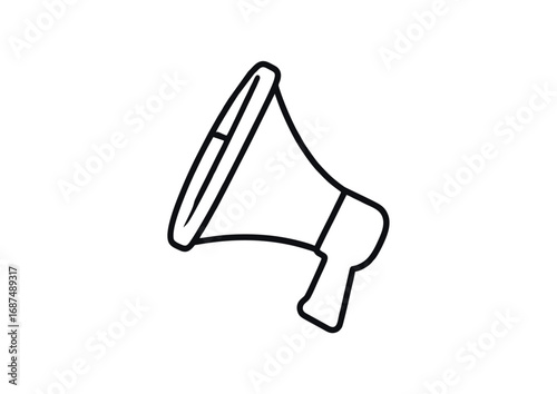 Simple line art icon of a megaphone isolated on a white background. Symbol for announcement, communication, broadcasting, and public speaking