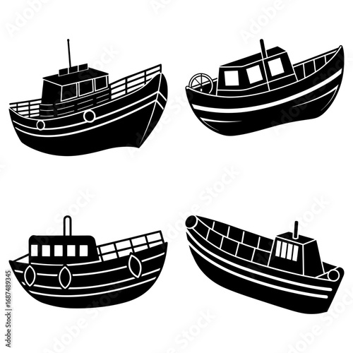 Four black and white silhouette drawings of boats with cabins and railings on a white background