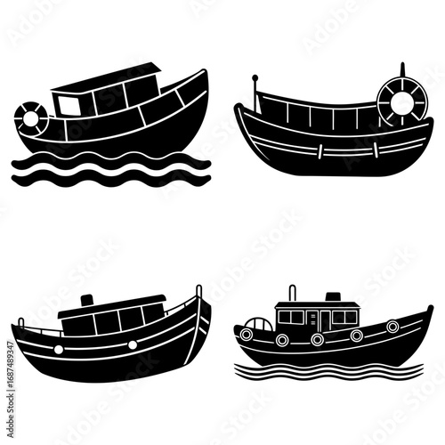 Illustration showing a collection of four different boat silhouettes with varying designs and features