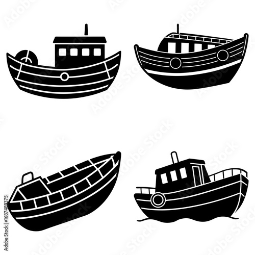 Illustration showing four different boat designs in black and white with varied shapes and sizes and detailing