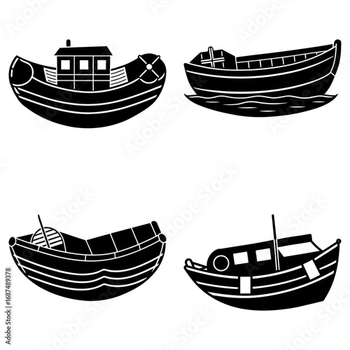 Four silhouette illustrations of different types of boats with various cabin and hull designs shown
