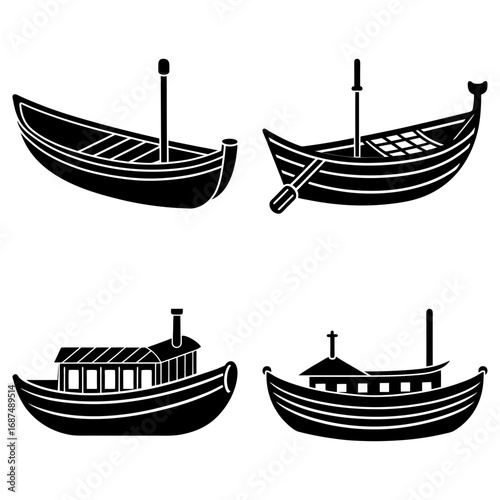 Four different boat styles depicted as black silhouettes on a white background in a square arrangement