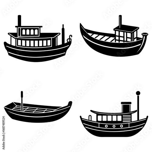 Four different boat silhouettes displayed on a white background in a square arrangement format