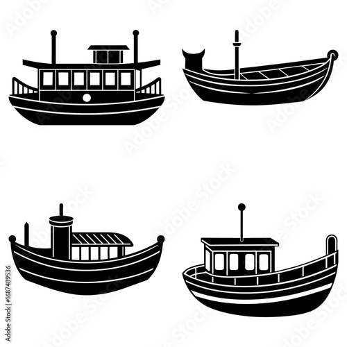 Four boat silhouettes depicting different vessel designs on a white background in a simple graphic style