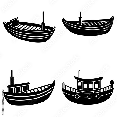 Illustration of four different types of boats in black and white with varying designs and structures