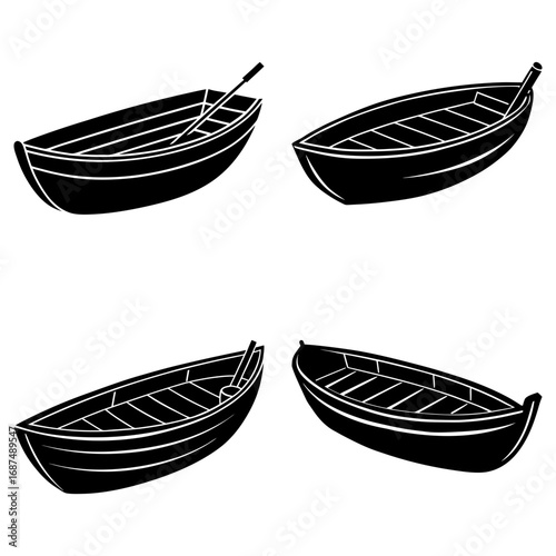 Four black and white rowboats are depicted in a square arrangement on a white background image here