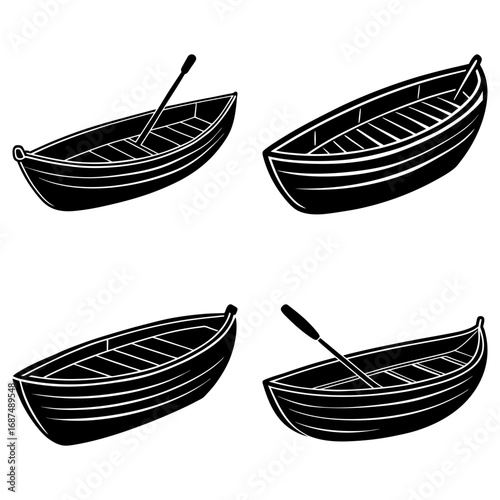 Four different black and white rowboats are arranged on a white background in a simple illustration