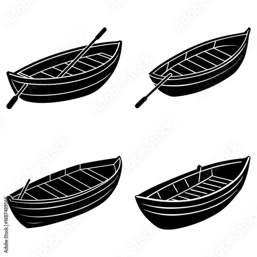 Four black and white rowboats with oars in different perspectives on a white background image design view