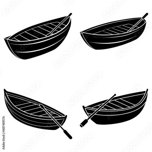 Four black and white rowboats with oars floating on a white background in a simple vector illustration