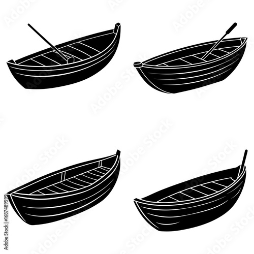 Four black and white rowboats with oars floating on a white background in a repeating pattern design
