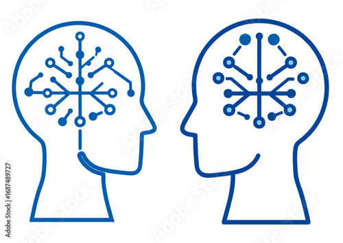 Abstract illustration depicting two human head silhouettes with interconnected circuit patterns, symbolizing artificial intelligence, cognitive thinking, and digital data processing