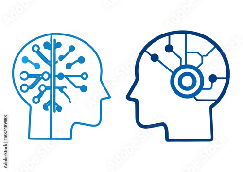 Conceptual illustration of human intelligence versus artificial intelligence, highlighting the synergy and contrast between biological and digital brains