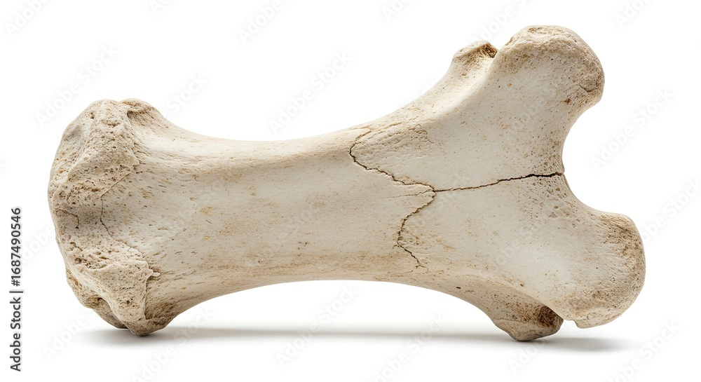 Fototapeta premium A cracked bone with knobby ends lies horizontally against a white background casting a slight shadow