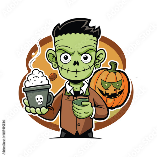 Cute frankenstein monster holding coffee and pumpkin