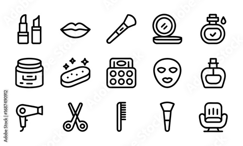 Beauty and personal care icons set. Skincare and hair styling tools in outline style
