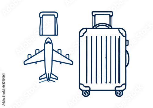 Conceptual travel and transportation icon collection featuring an airplane, wheeled luggage, and a passenger seat for vacation or a journey