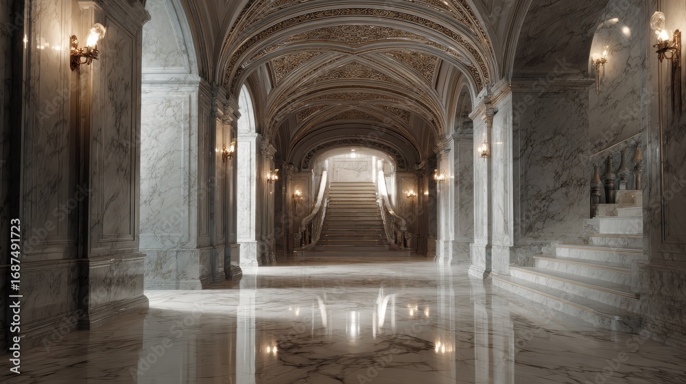 Obraz premium luxurious hallway with marble flooring and elegant stairs generative ai