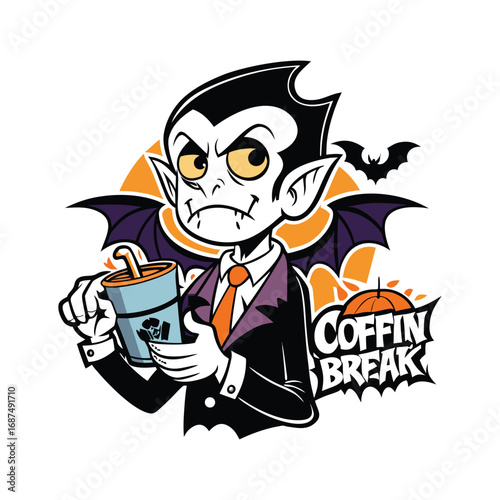 Cartoon vampire holding coffee cup with bats and pumpkin