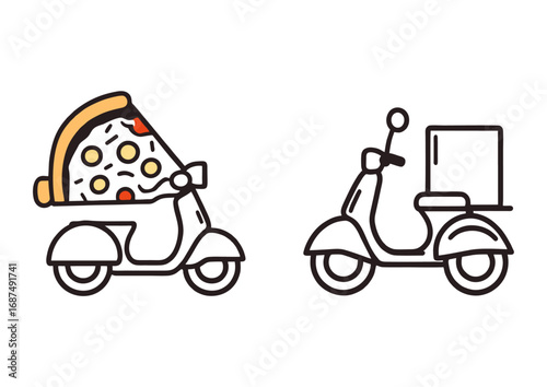 A creative set of icons for a food delivery service, featuring a moped with a pizza slice and a courier scooter with a box