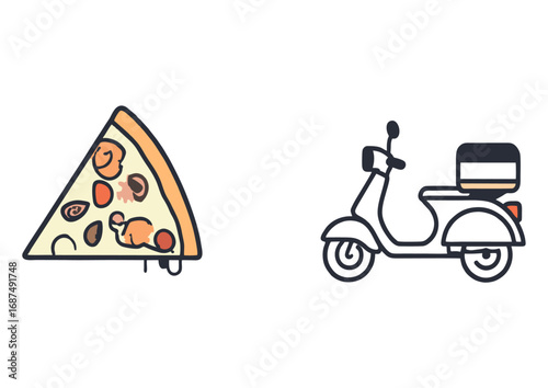 Conceptual graphic of express food delivery service, featuring a tasty pizza slice and a fast delivery scooter icon set