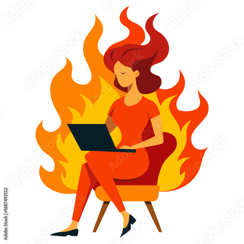 Vector illustration of a girl operating a laptop in a burning fire