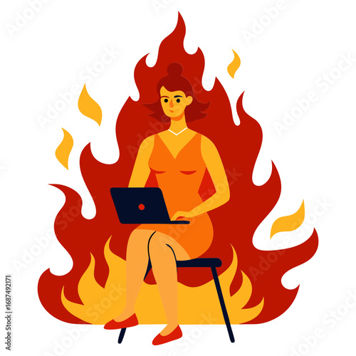 Vector illustration of a girl operating a laptop in a burning fire