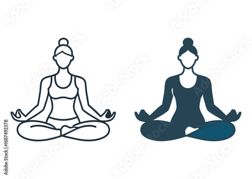 Woman in lotus pose yoga meditation icon set. Line art and silhouette illustration for wellness, mindfulness, and relaxation concept