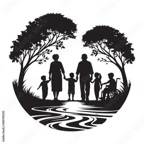 grandparents with kids vector silhouette clipart logo design illustration