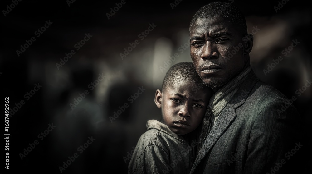 Obraz premium a strong looking black man in a clean business suit, with a determined look on his face standing firm with his arm around his son holding him close to his body during hard times.