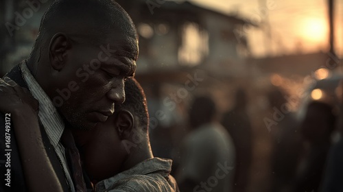 a strong looking black man in a clean business suit, with a determined look on his face standing firm with his arm around his son holding him close to his body during hard times.