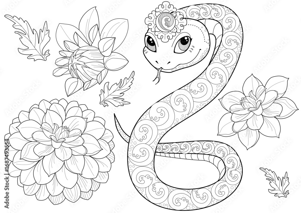 Fototapeta premium Coloring pages for art therapy. A series of drawings with animals and flowers of Asia. Zodiac sign - snake. A calming and educational journey around the world with a collection of coloring pages.