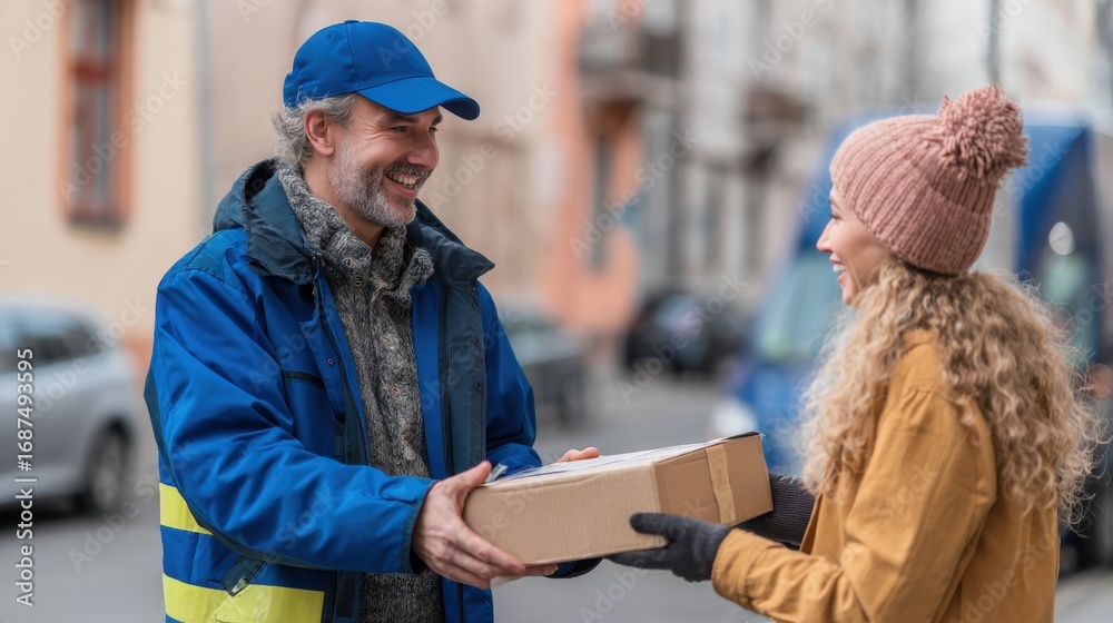 Fototapeta premium delivery driver handing package to customer, street background, natural light
