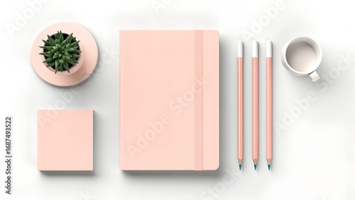 Pastel Pink Stationery Set Succulent White Background
