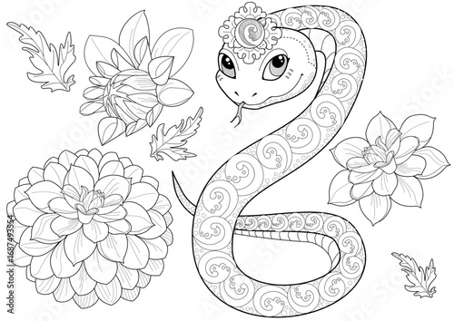 Coloring pages for art therapy. A series of drawings with animals and flowers of Asia. Zodiac sign - snake. A calming and educational journey around the world with a collection of coloring pages.