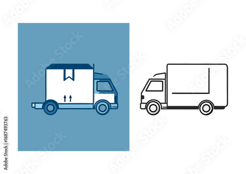 Vector illustration of a delivery truck and cargo van icon set. Concept for shipping, logistics, and transportation services in flat and line art style