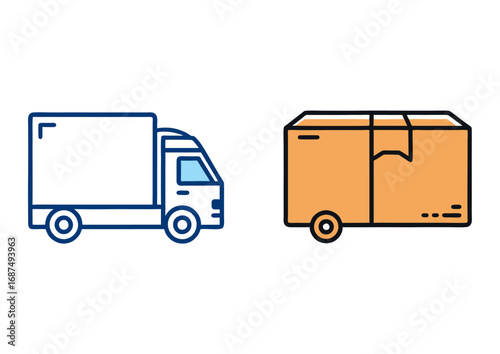 Set of delivery icons featuring a transport truck and a wheeled parcel box. Line art illustration for logistics, shipping, and e-commerce services