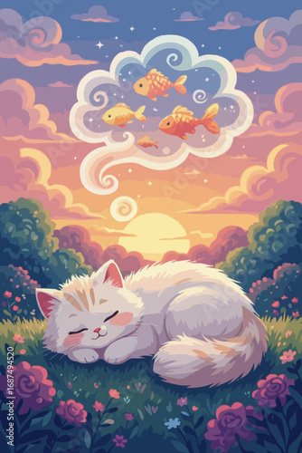 Pastel Cartoon Cat Sleeping in Swirly Clouds
