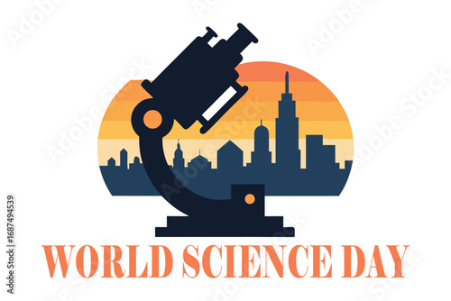World Science Day vector of microscope double exposure with sunrise cityscape symbolizing unity and peaceful future on white background