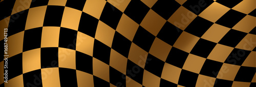 Checkered racing finish line flag. Black and gold checkered background. Fluttering flag. Auto. Premium luxury background for cards, invitation, poster, flyer, luxe invite, prestigious voucher, ads.