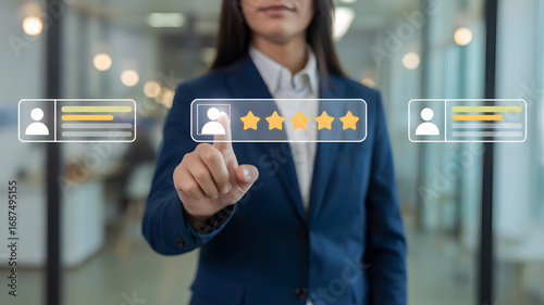 Professional businesswoman evaluates performance metrics and customer feedback on digital interface