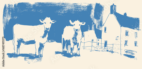 An outline cozy blue vector illustration of two cows